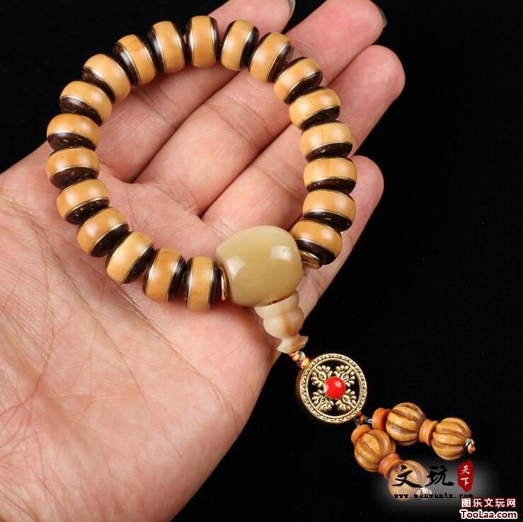天然藏式橄榄核镶嵌椰壳单圈手串 高油性橄榄胡配牛角三通手链-3